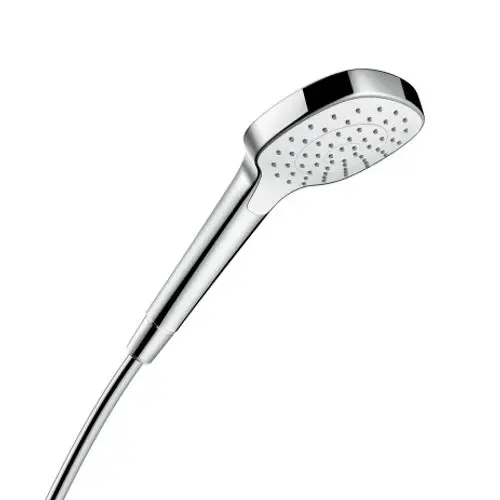 Hansgrohe Handbrause mit einem runden Kopf und einem schlanken Griff, ausgestattet mit mehreren Wasserstrahlöffnungen, in chromfarbener und weißer Ausführung.